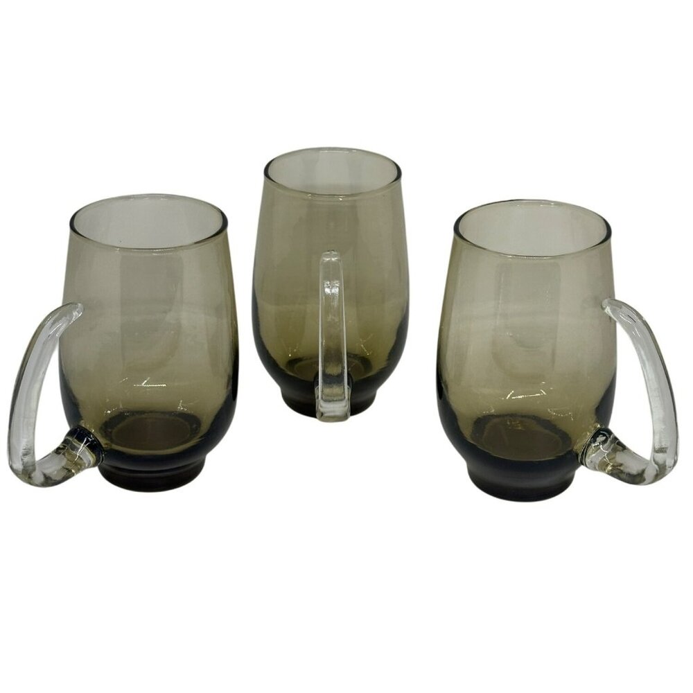 VTG Libbey Tempo Brown Tankard Mugs Set of 3 Smoke Glass Retro Bar 2.75"x5"‎
